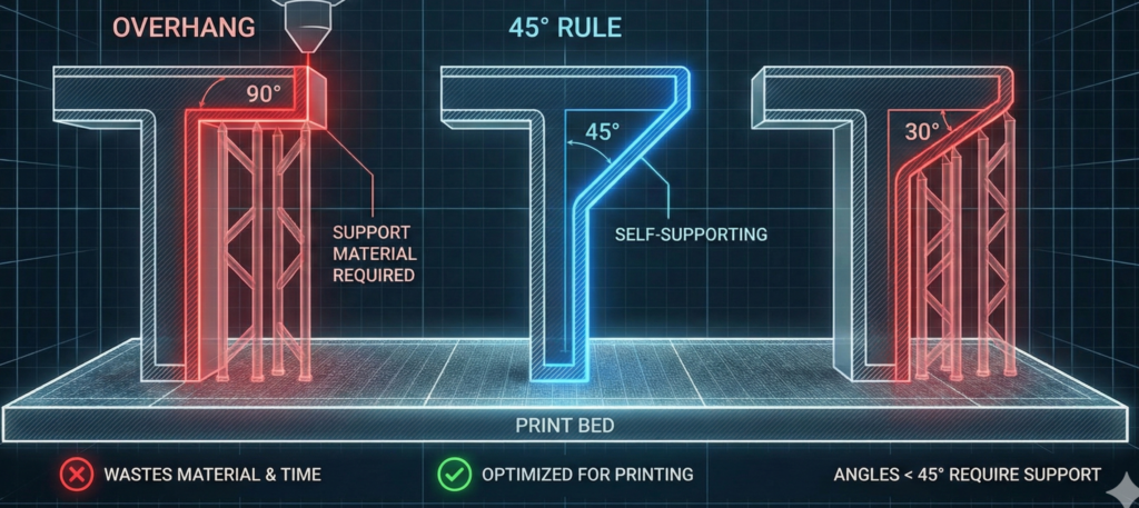 Technical diagram showing the 45-degree rule for 3D printing: 90-degree overhangs require support material, while 45-degree angles are self-supporting and reduce 3D printing costs