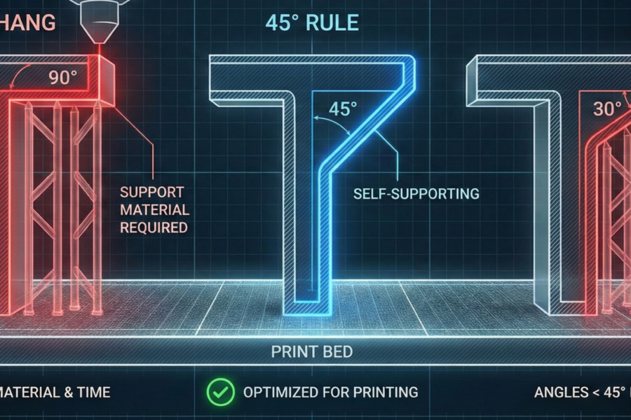 Technical diagram showing the 45-degree rule for 3D printing: 90-degree overhangs require support material, while 45-degree angles are self-supporting and reduce 3D printing costs